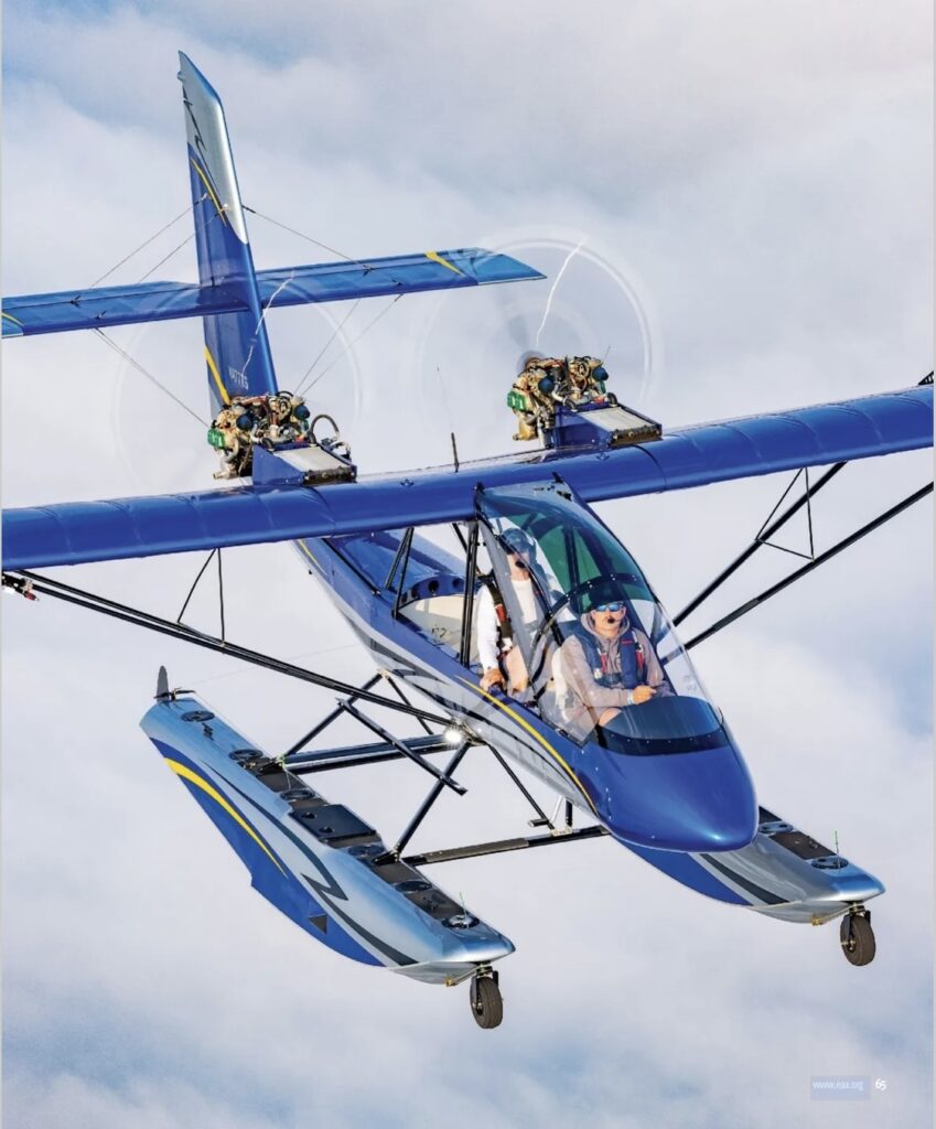 Aircam airplane flying over a green landscape, featured in the Neptune Custom Cabinetry story